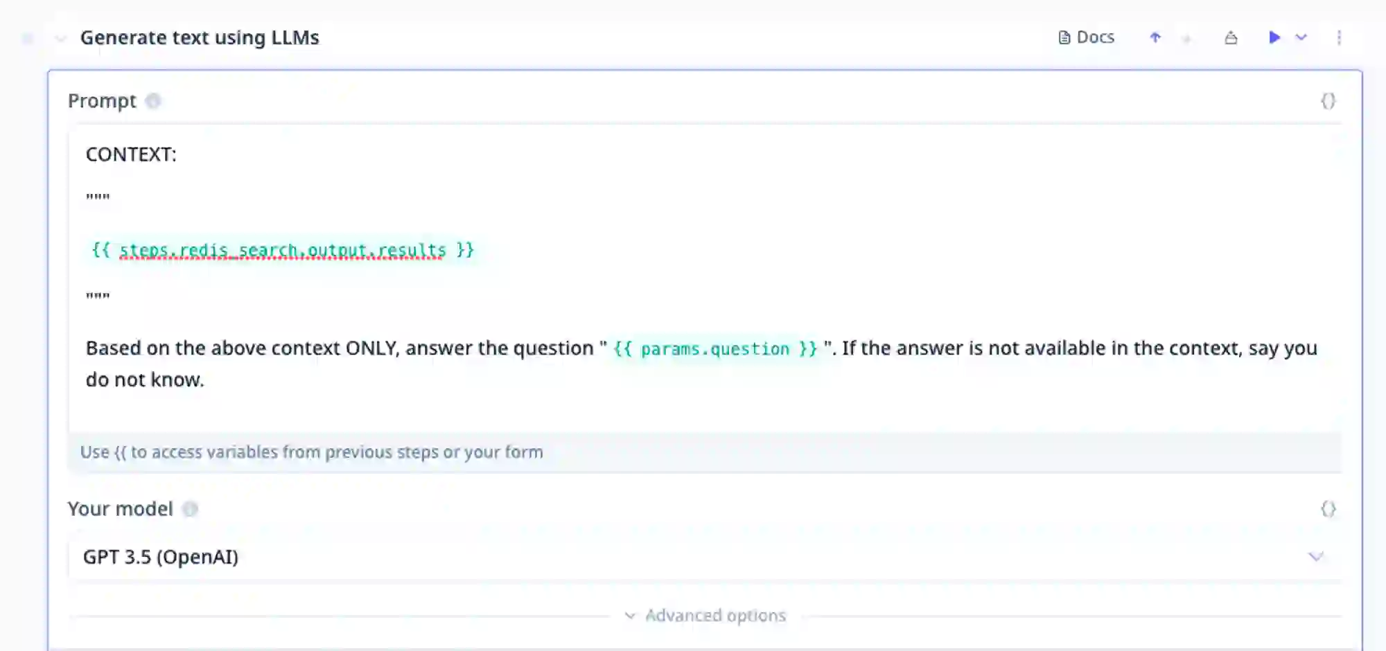Example of an LLM step that takes the context from Redis Search and Query and asks a question